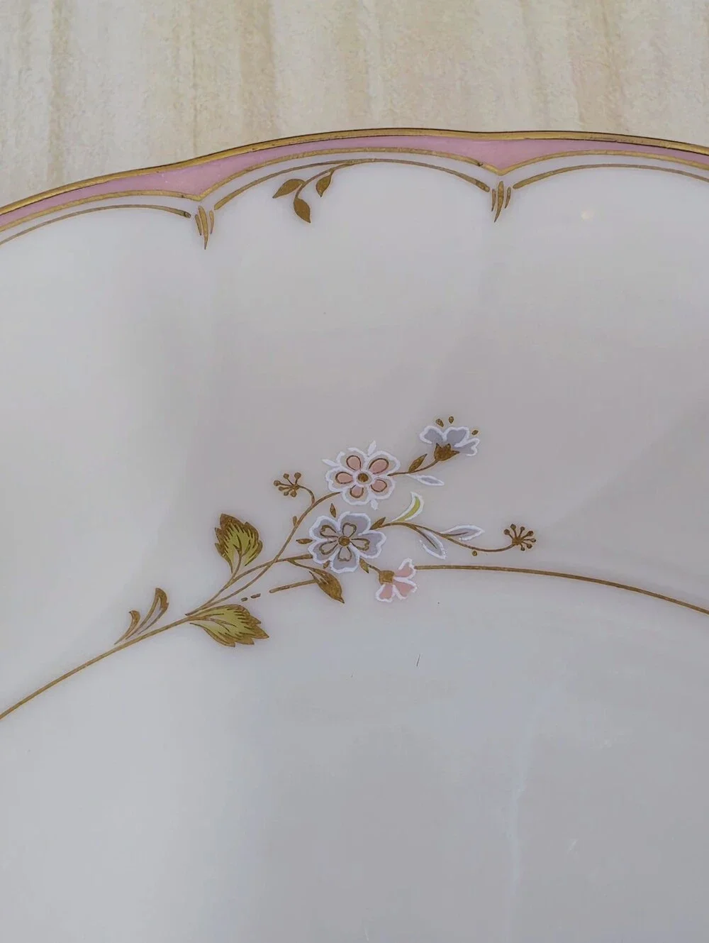 Mikasa Monticello Pattern Cream Coupe Soup Bowl Gold Accent Pink Rim Floral Vine